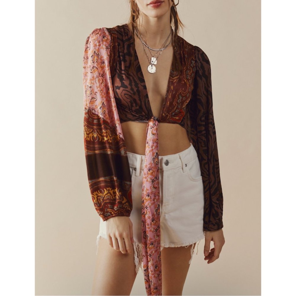Free People Brown & Pink Mixed-Print Tie-Front Crop Top - Picture 3 of 6